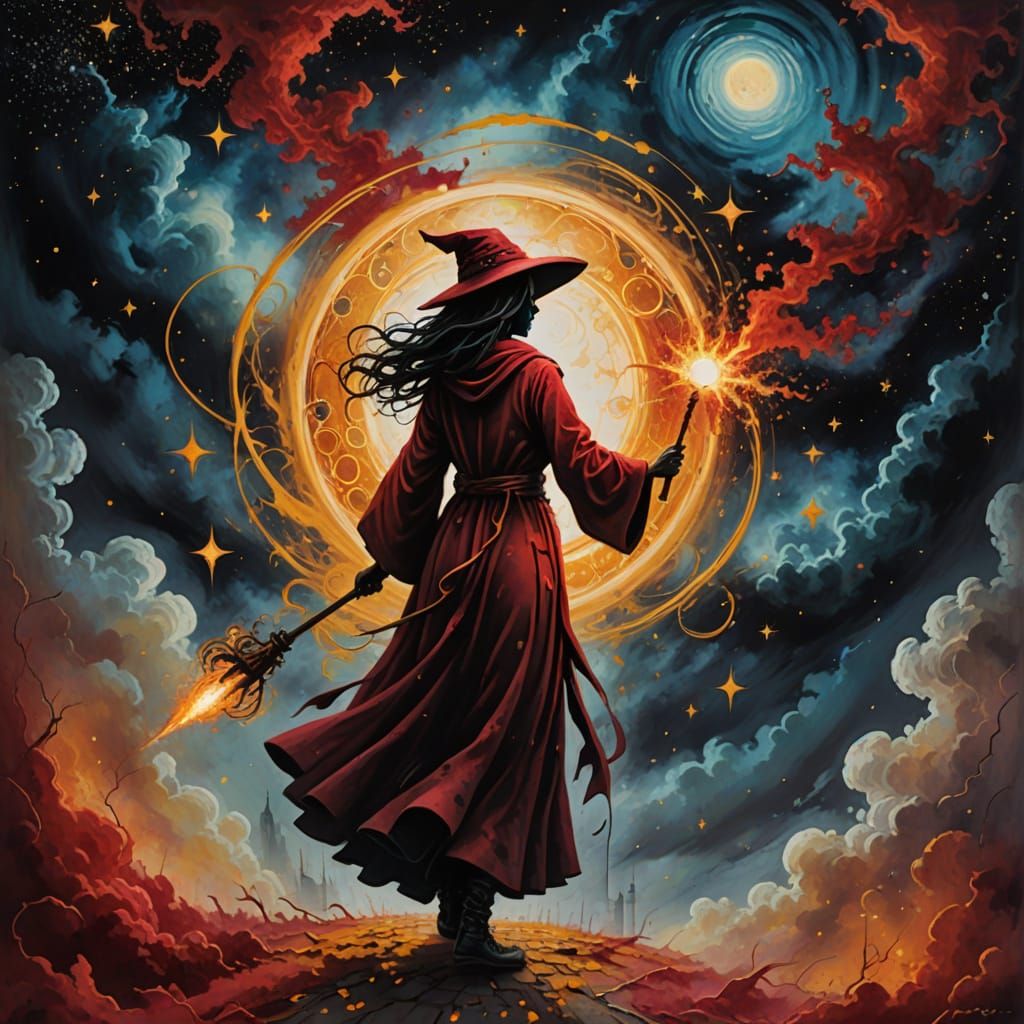 Lone Enchantress in Crimson Gold Nebula, Street Art Style