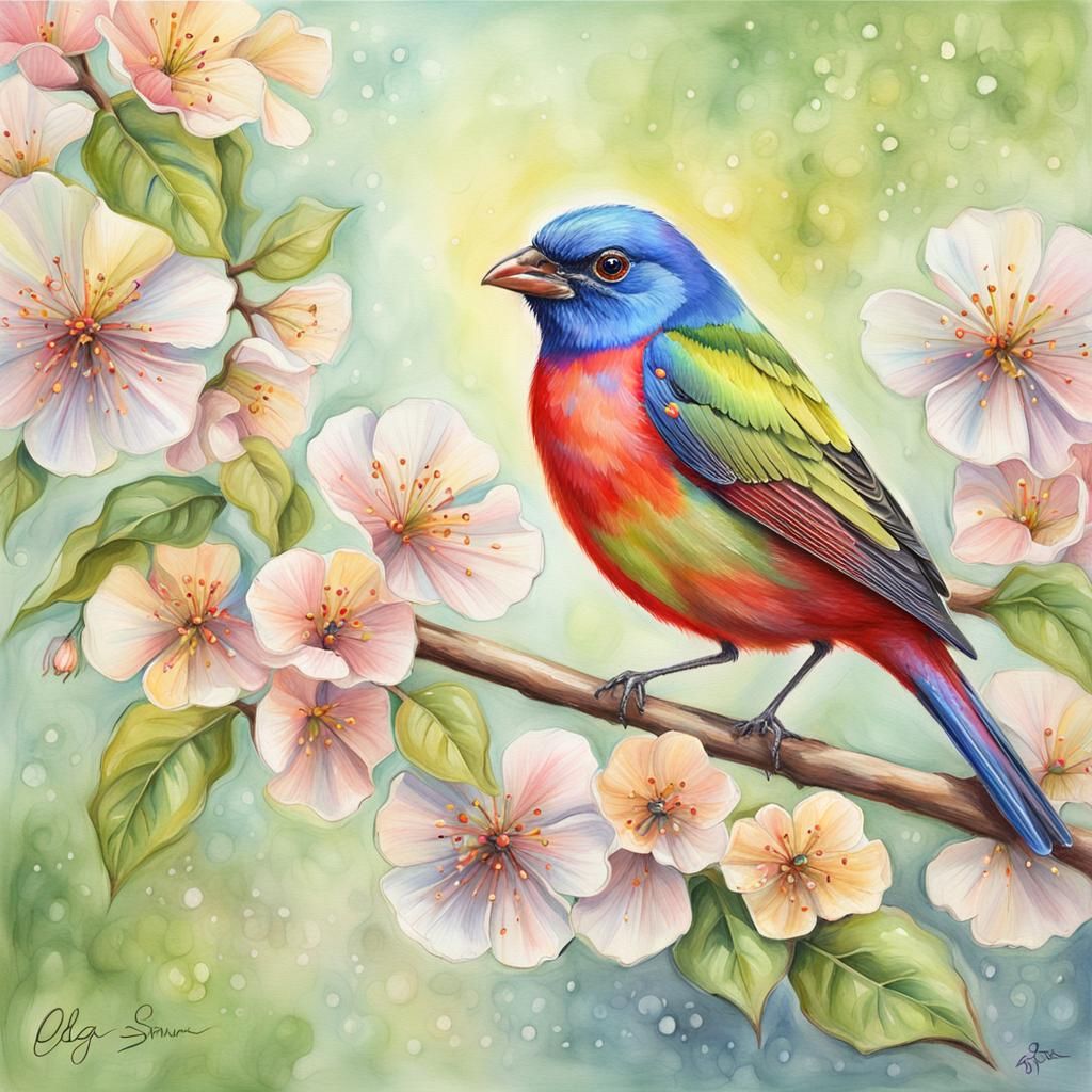 Sparkling Painted Bunting in Pear Tree Bloom