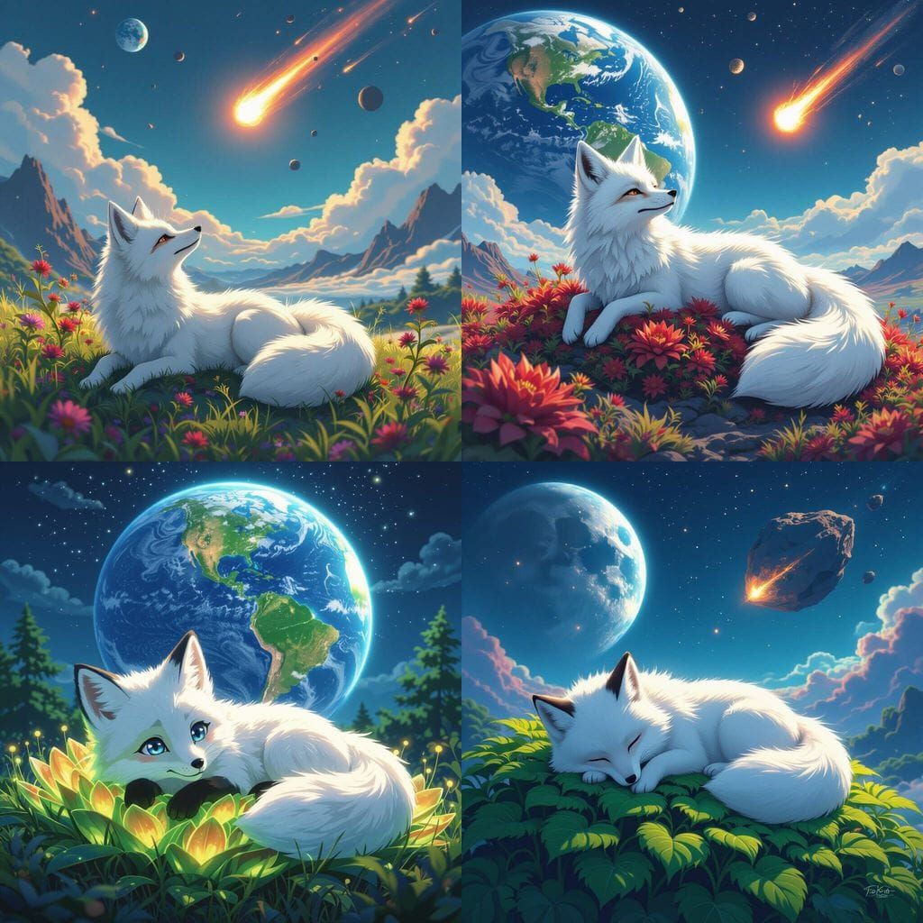 Two-Tailed Arctic Fox Watches Earth Impact in Space