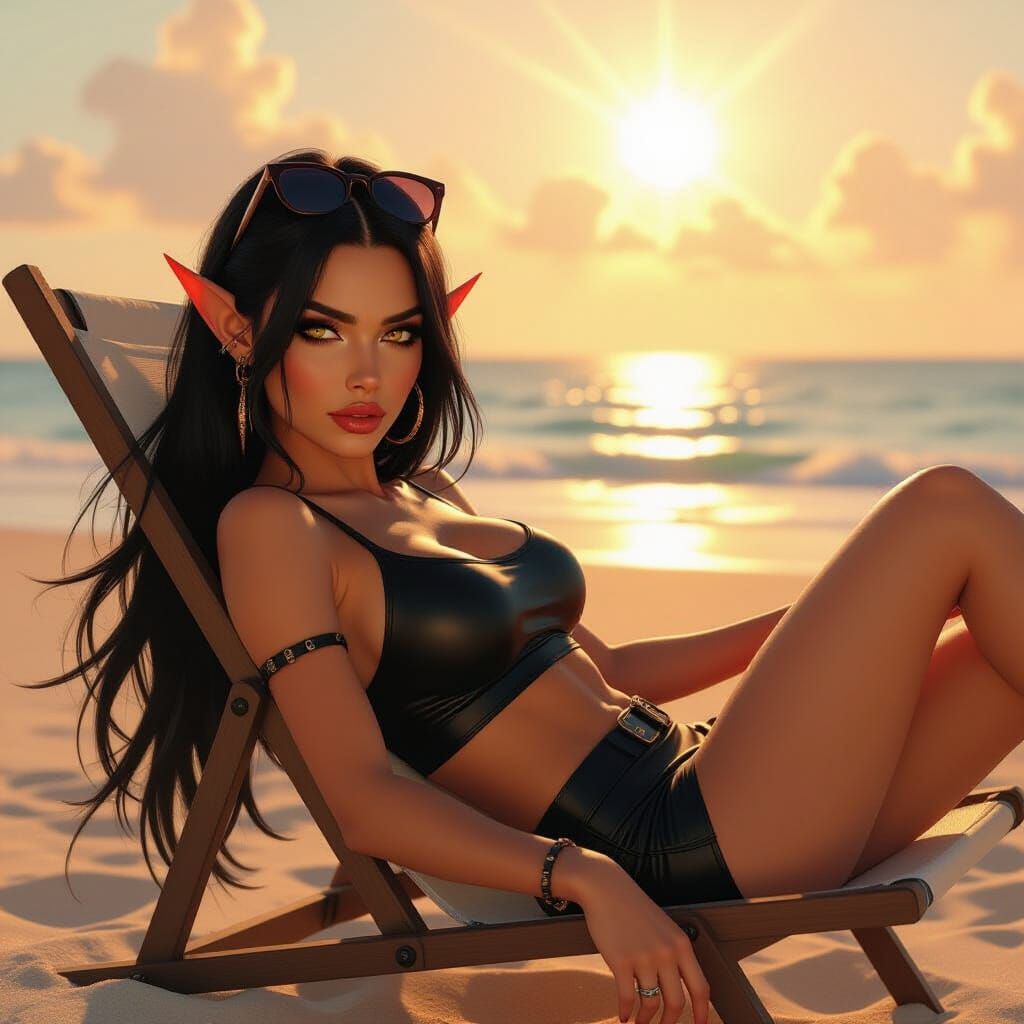 Dark Elf on Beach Chair at Sunset