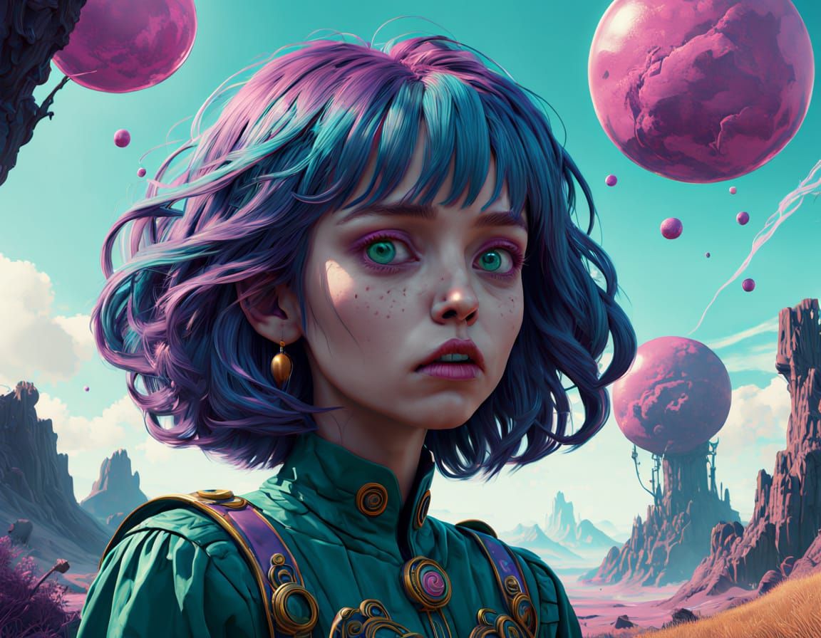 Dreamlike Fantasy Scene with Turquoise Hair and Emerald Gree...