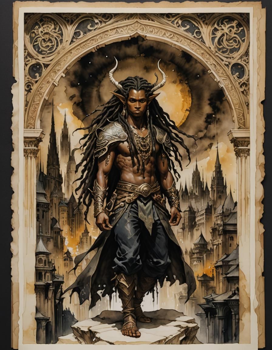 Fantasy Elf in Mystical City, Watercolor Art