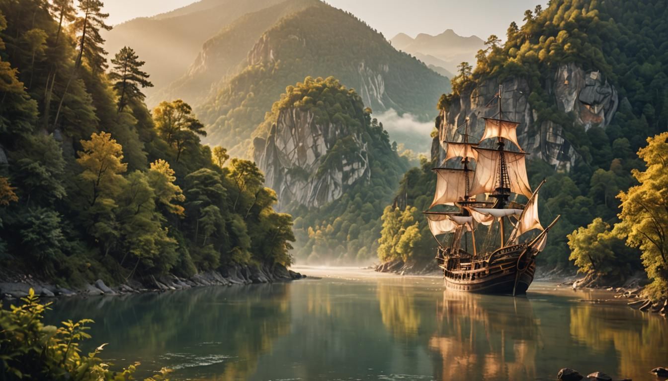 Pirate Ship Sailing Through Mountainous Landscape