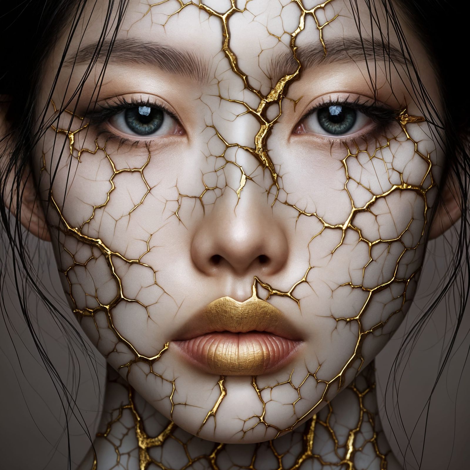 Surreal Japanese Goddess with Kintsugi Cracks