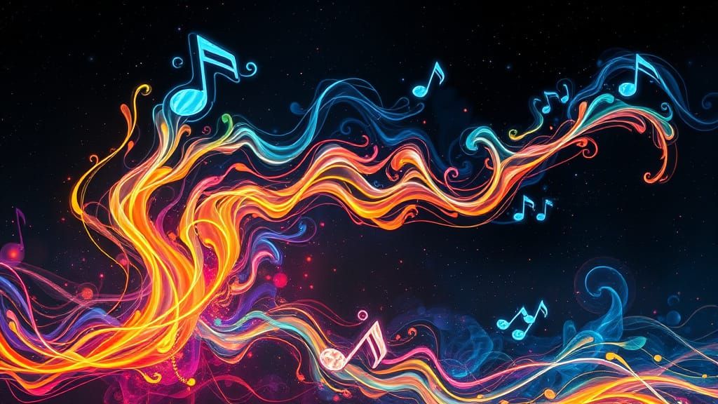 Fiery Flame Aura with Cosmic Music Notes in Neo-Tech Cosmos