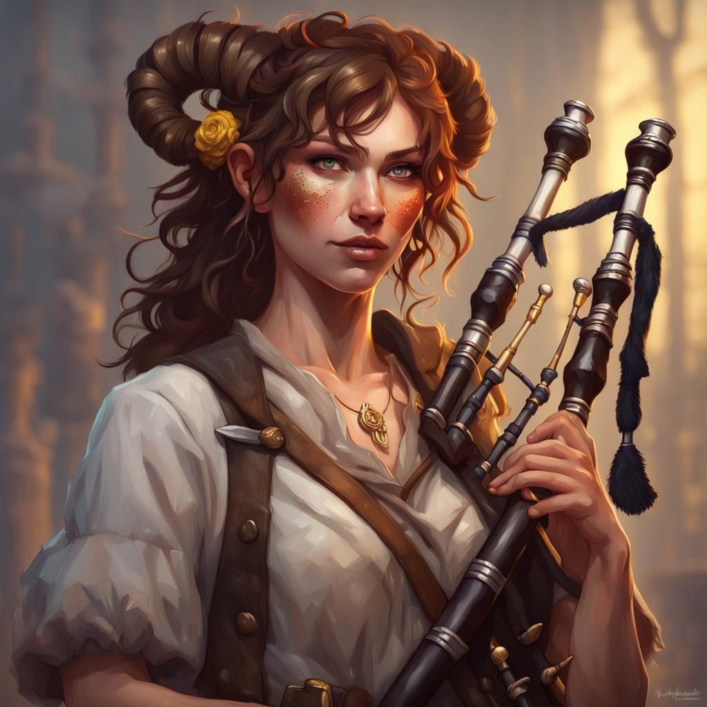 Satyr Woman Plays Bagpipes: Hyperdetailed Portrait