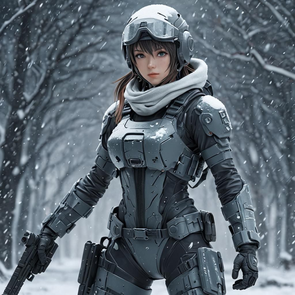 Scifi Soldier Anime Girl in a snow storm...