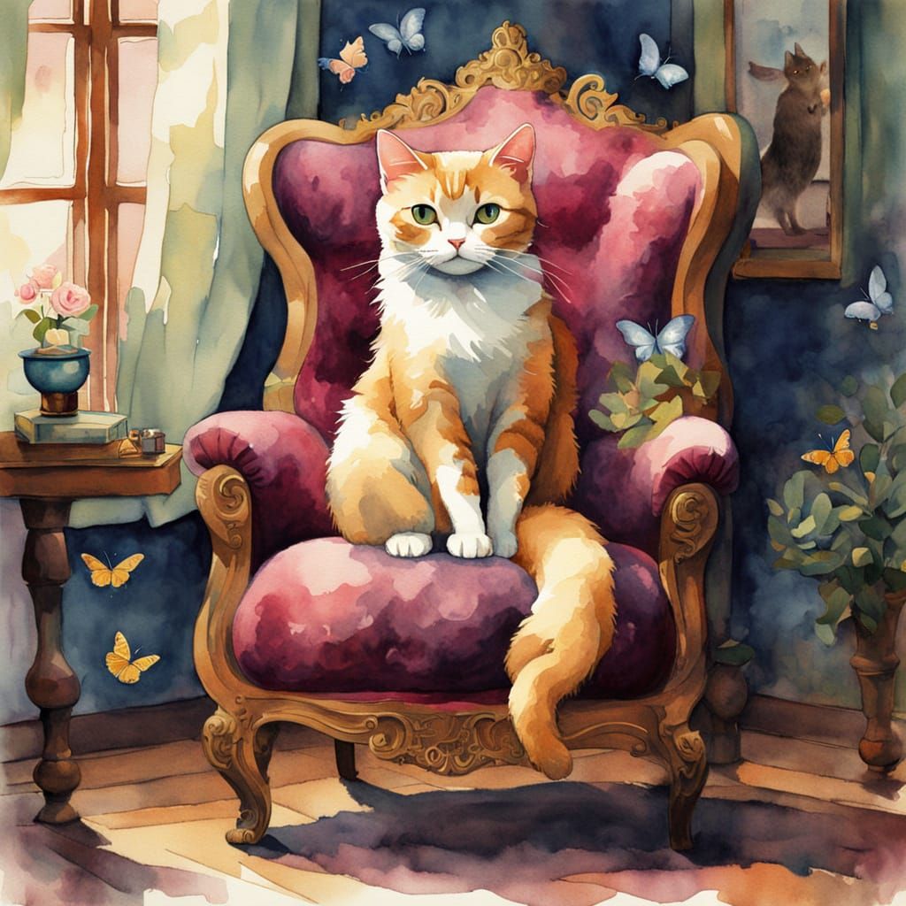 Curious Cat on Colossal Armchair in Dreamlike Room