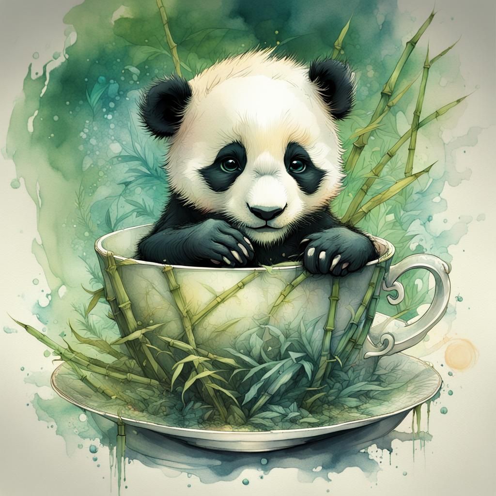 Baby Panda in Teacup, Watercolor Ink Flow Art