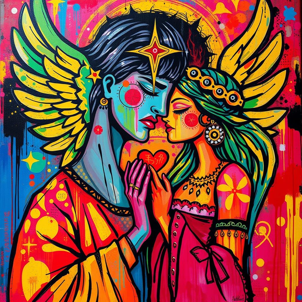 Surreal Graffiti Art Depicting Divine Adoration in Vibrant P...