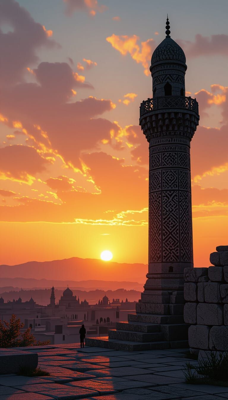 Ancient Mosque Minaret at Dawn Sunset Cinematic Style