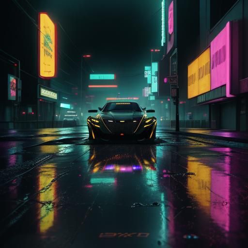 Cyberpunk Car Reflected in Rainy Cityscape