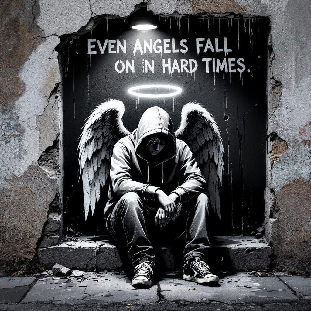 Banksy-Style Stencil Mural of Fallen Angel on Concrete Wall