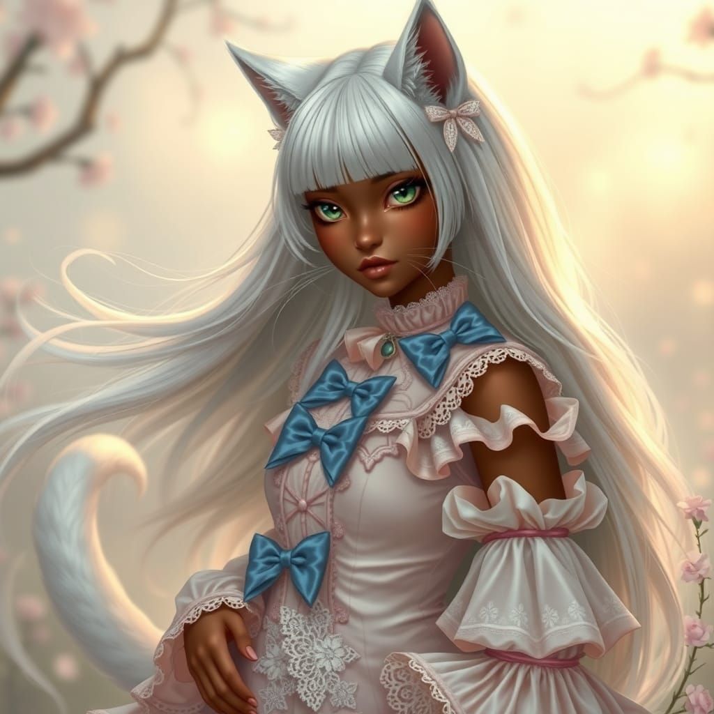 Regal Cat Girl in Dreamlike Gothic Setting