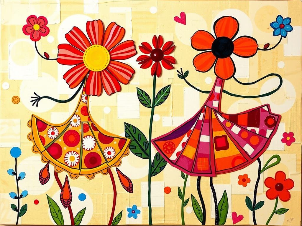 Whimsical Floral Dance in Vibrant Textile Collage