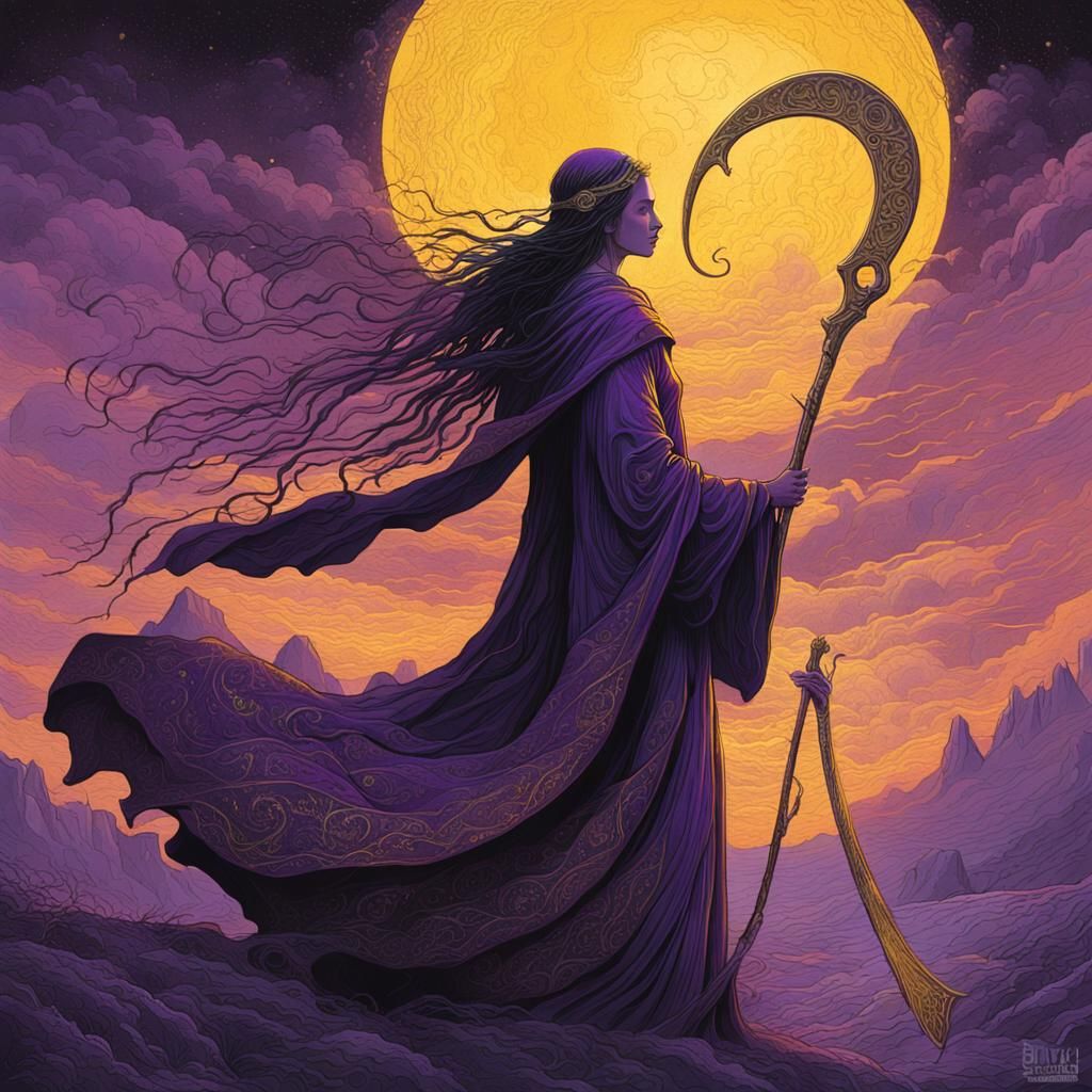Elven Woman with Scythe in Dark Fantasy Lithograph