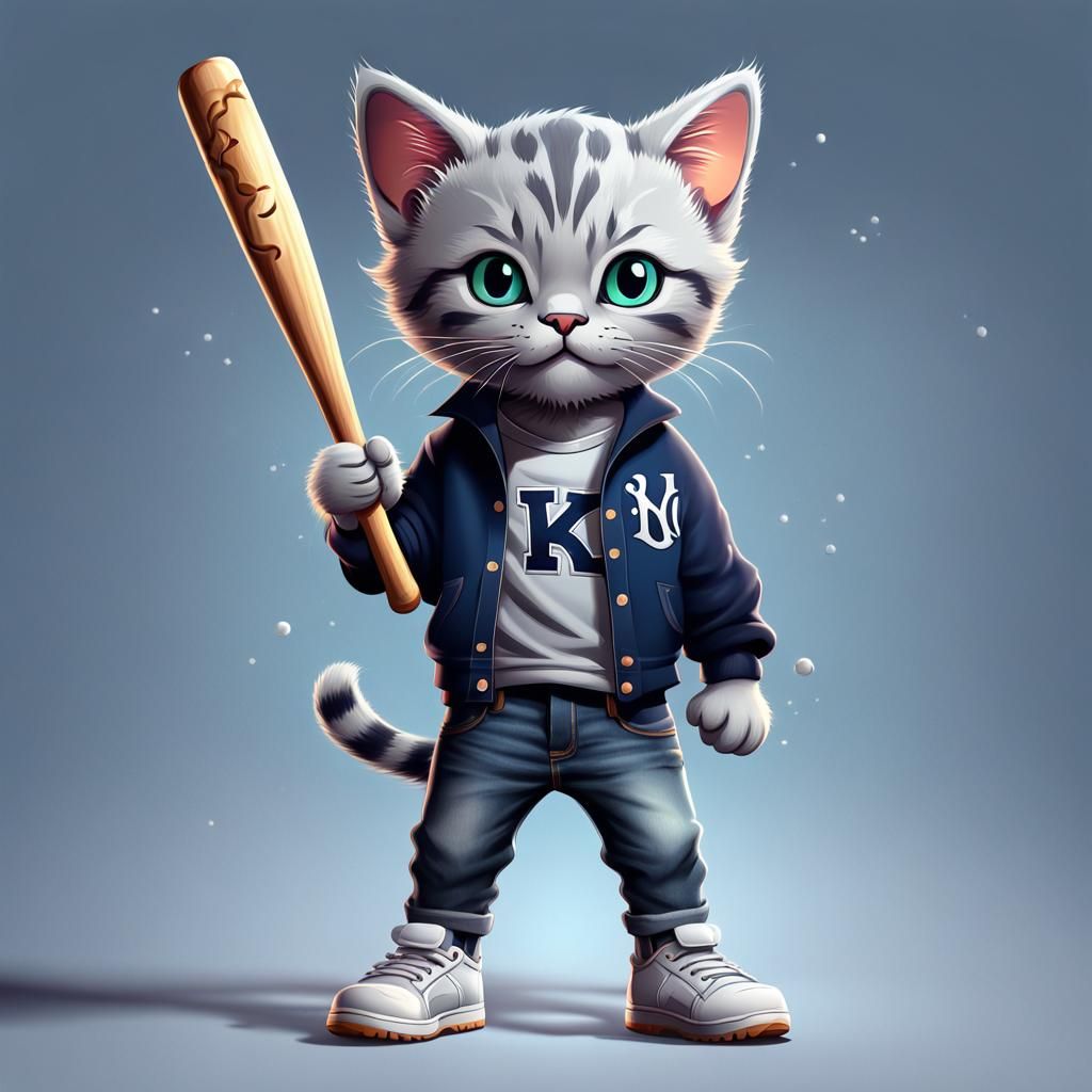Kitten Mascot with Baseball Bat Vector Illustration