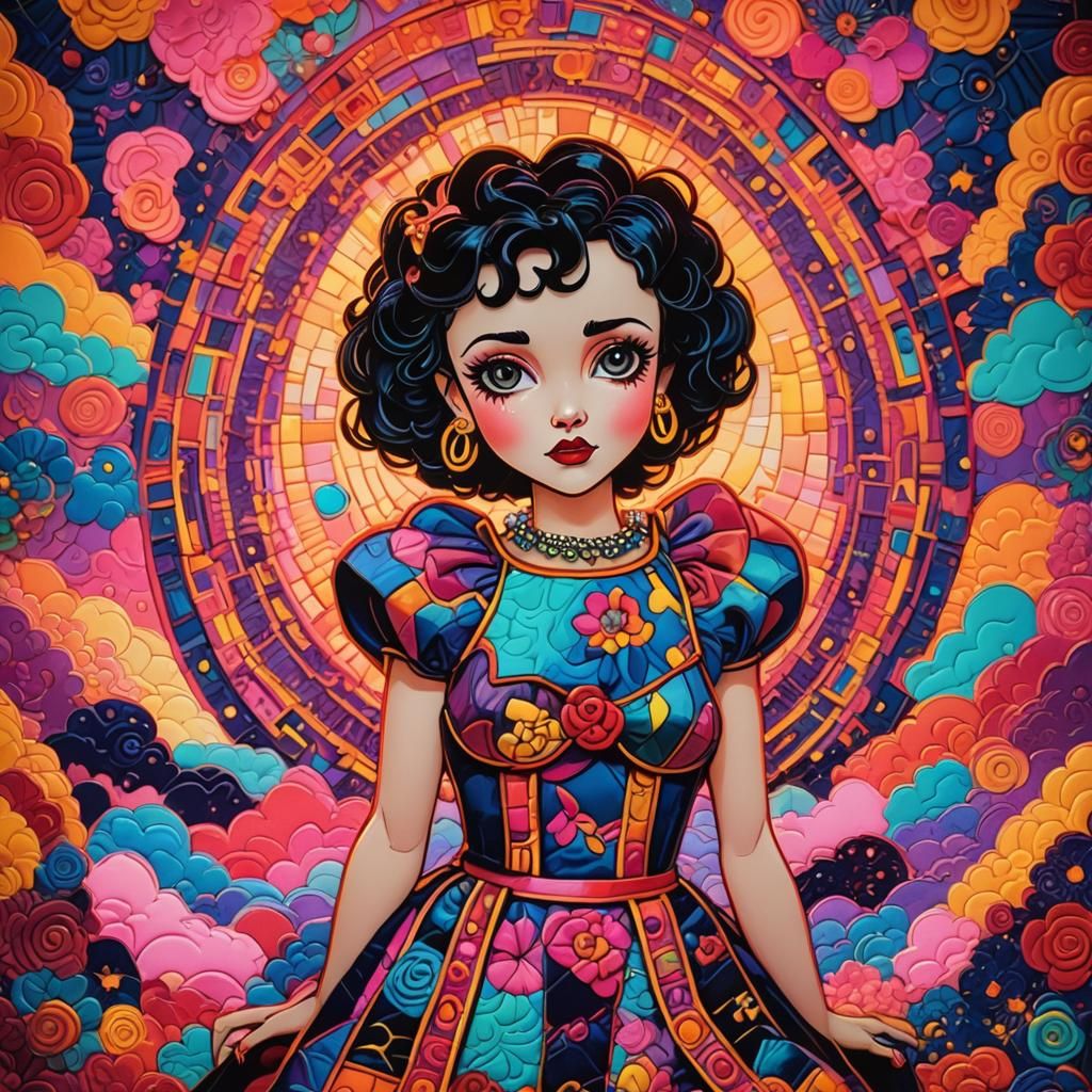 Amish art quilt, medium shot. A colorful, cartoon Betty Boop...