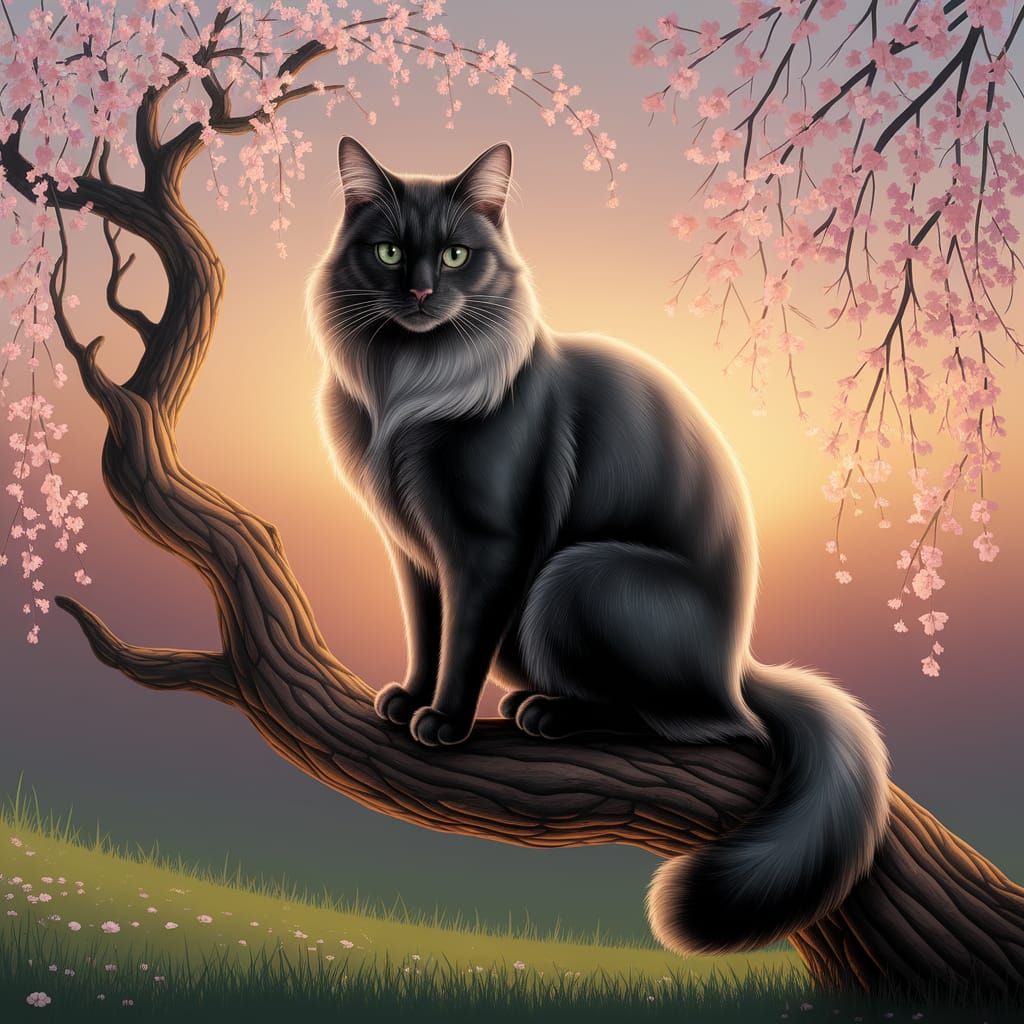 Regal Black Cat Amidst Cherry Blossoms