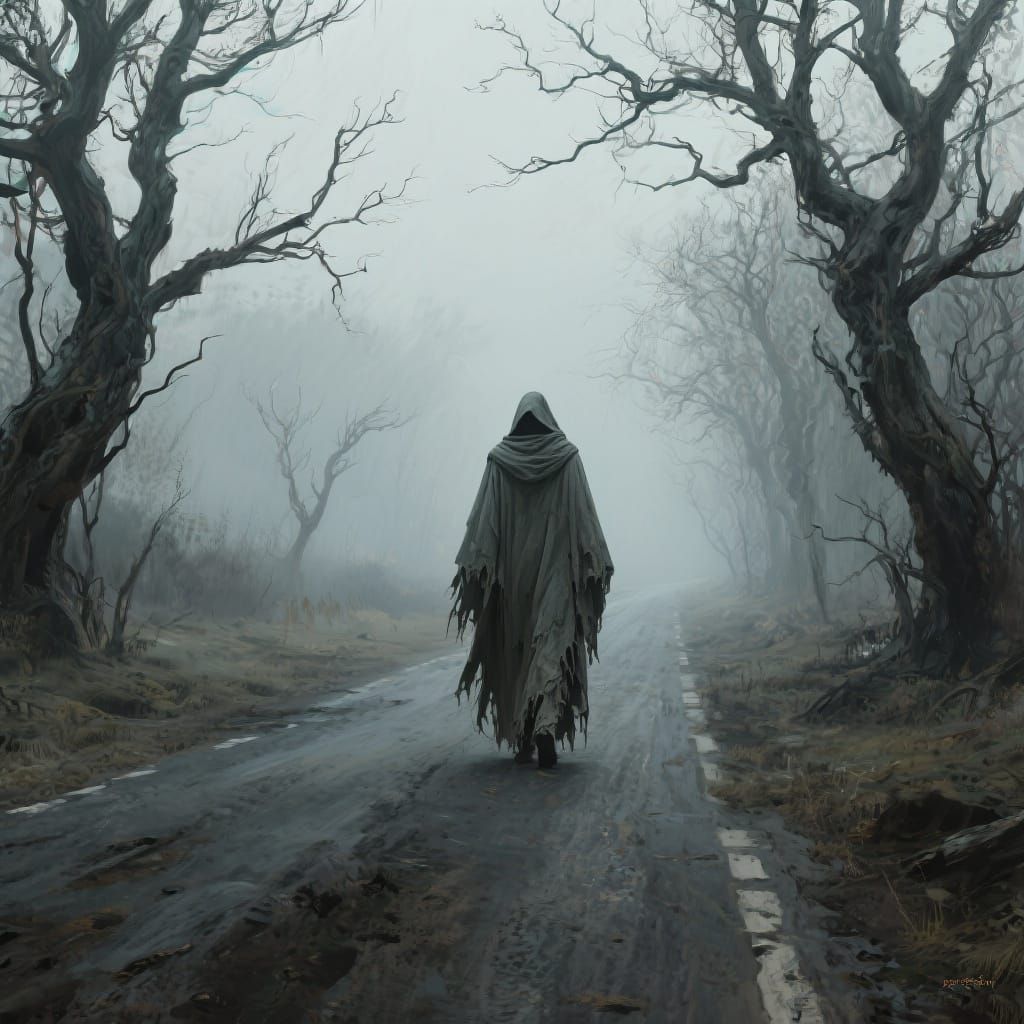 Eerie Hooded Figure on Desolate Road