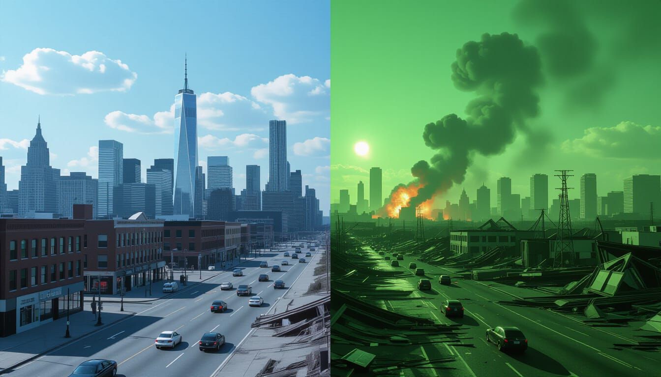 Contrasting Visions: Ideal City vs. Post-Nuclear Ruins