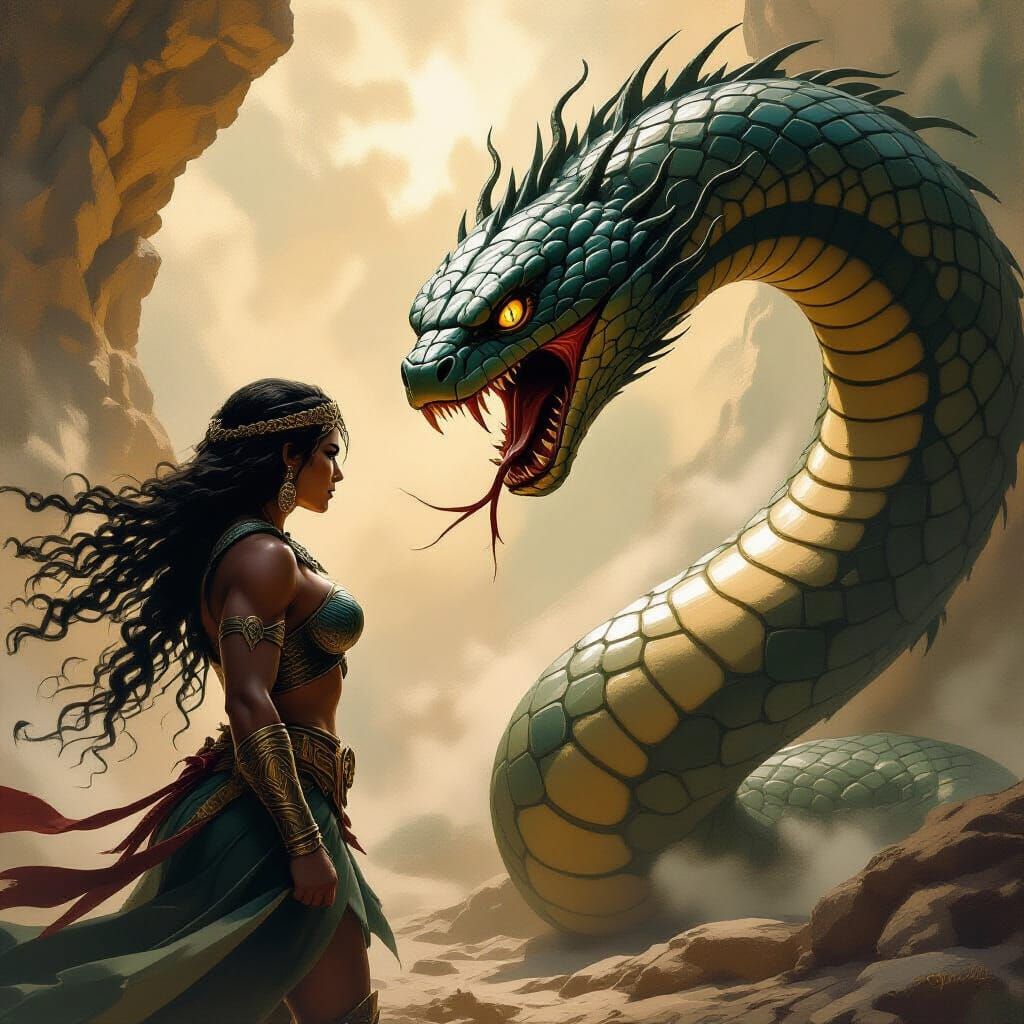 Amazon Warrior Battles Gorgon Serpent in Heroic Fantasy Styl...