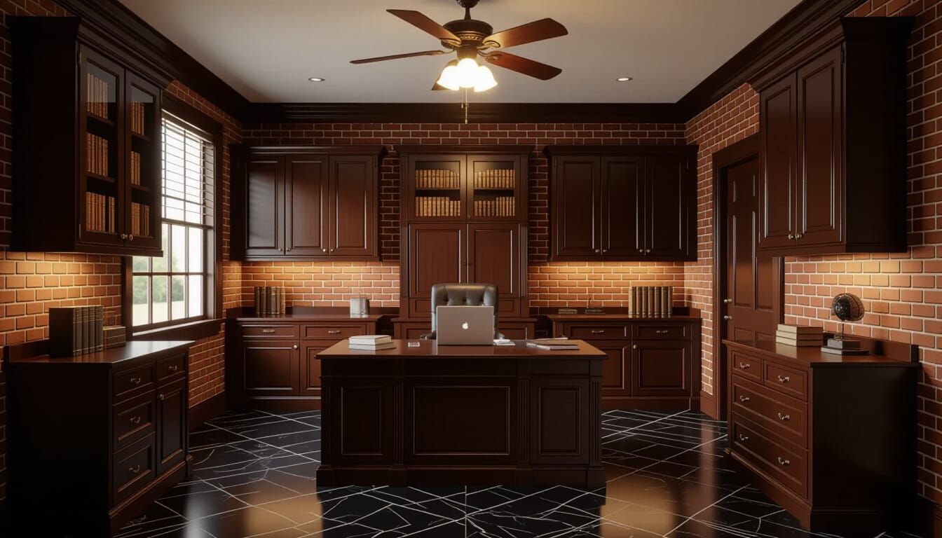 Victorian Working Room with Dark Cabinets and Marble Floor