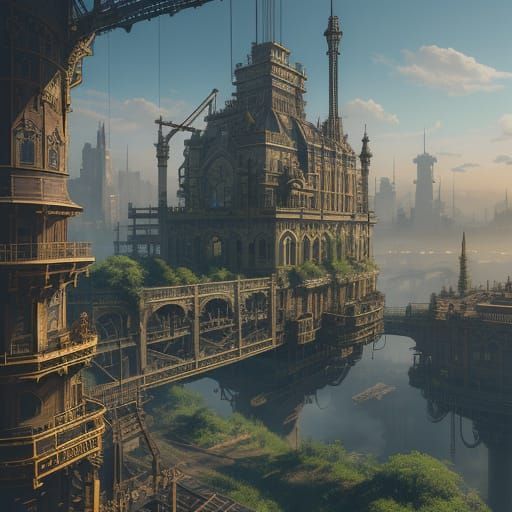 Steampunk Cityscape on Floating Islands, Cinematic Still