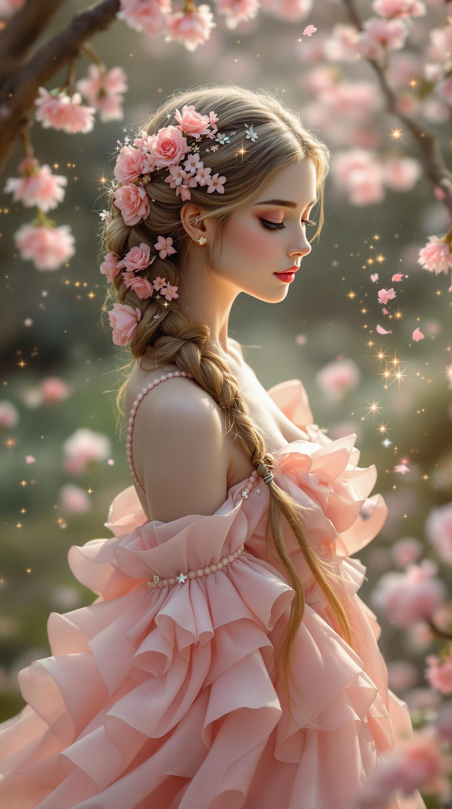 Cherry Blossom Maiden in Whimsical Springtime Landscape
