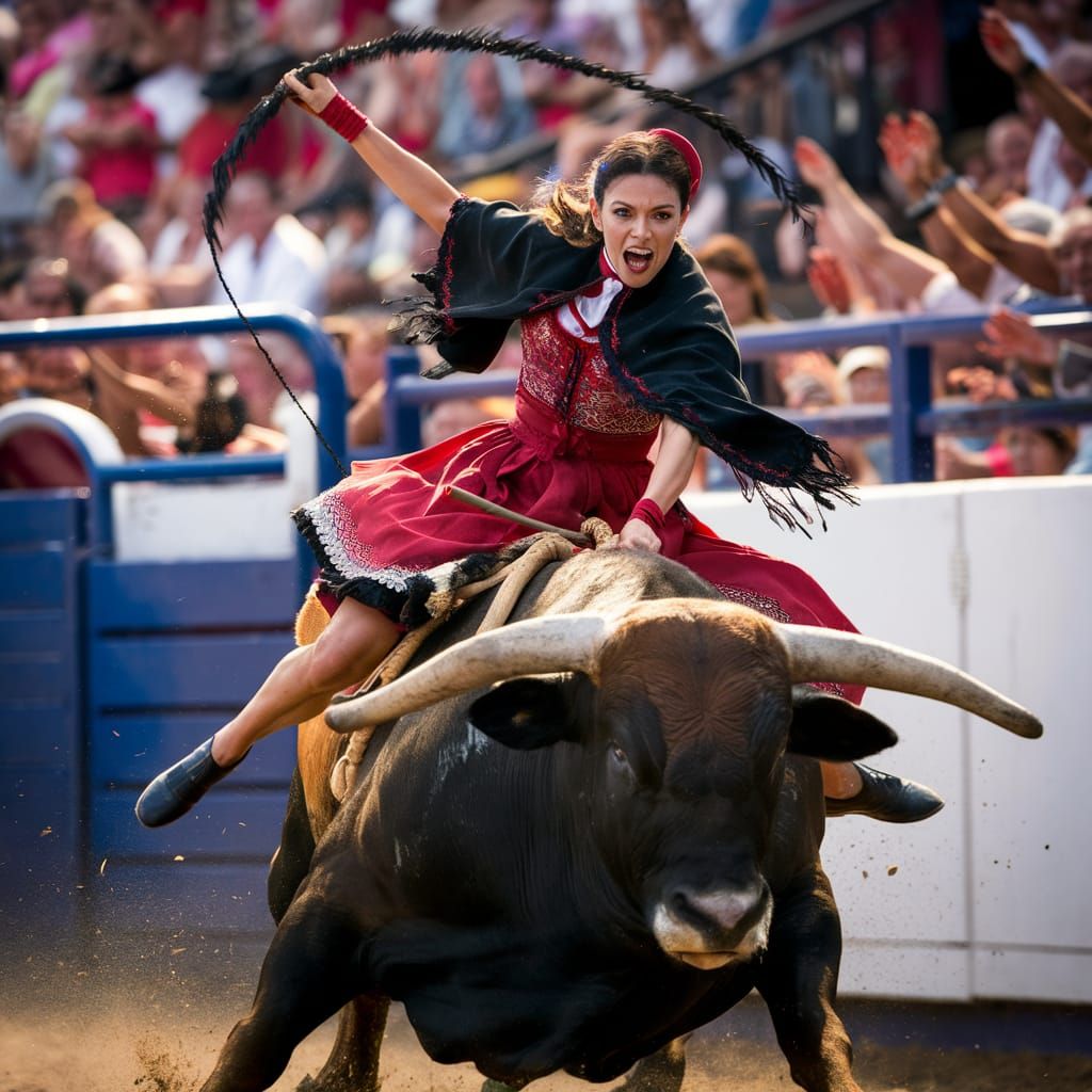 Spanish Woman bull riding with a whip