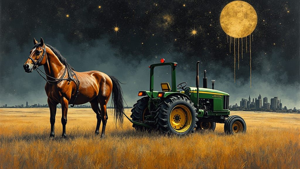 Horse Pulls Broken Tractor in Post-Apocalyptic Cityscape