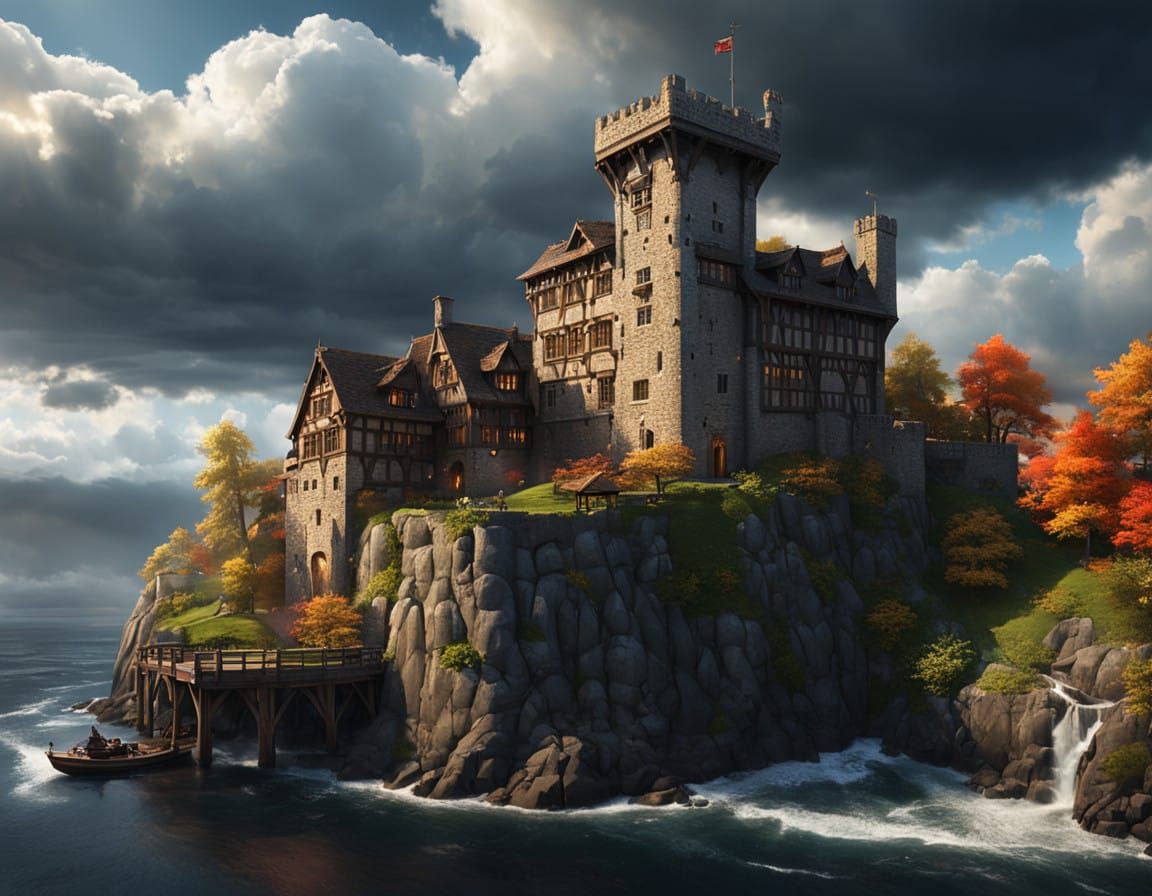 Medieval Stone Watchtower amidst Turbulent Ocean Waves