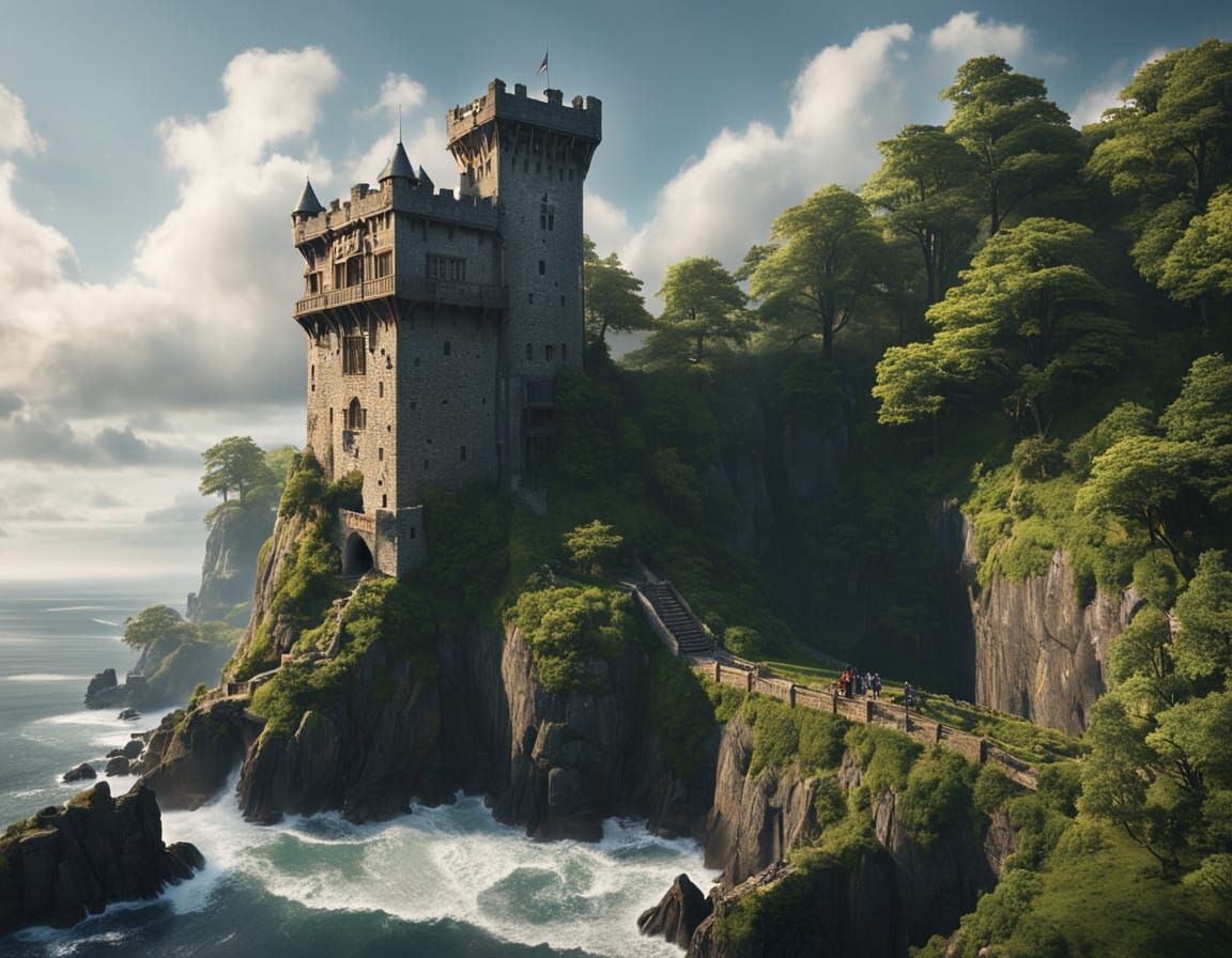 Medieval Stone Watchtower with Golden Bonfire