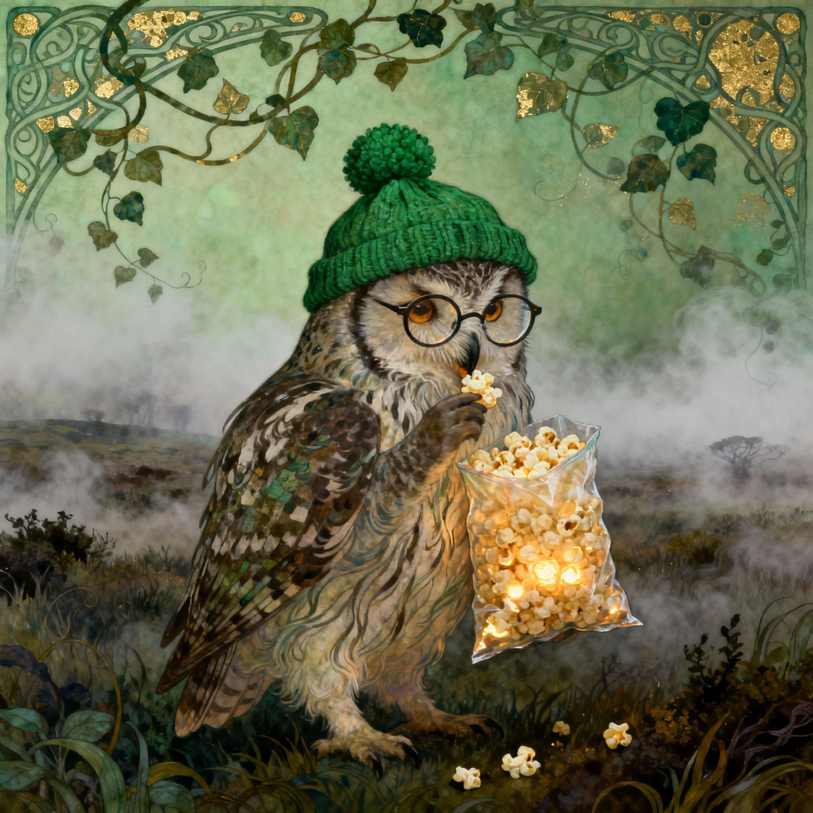 Wise Owl in Foggy Moorland Eating Popcorn