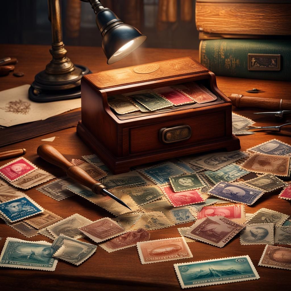 Colorful Vintage U.S. Stamps Displayed Under Lamp