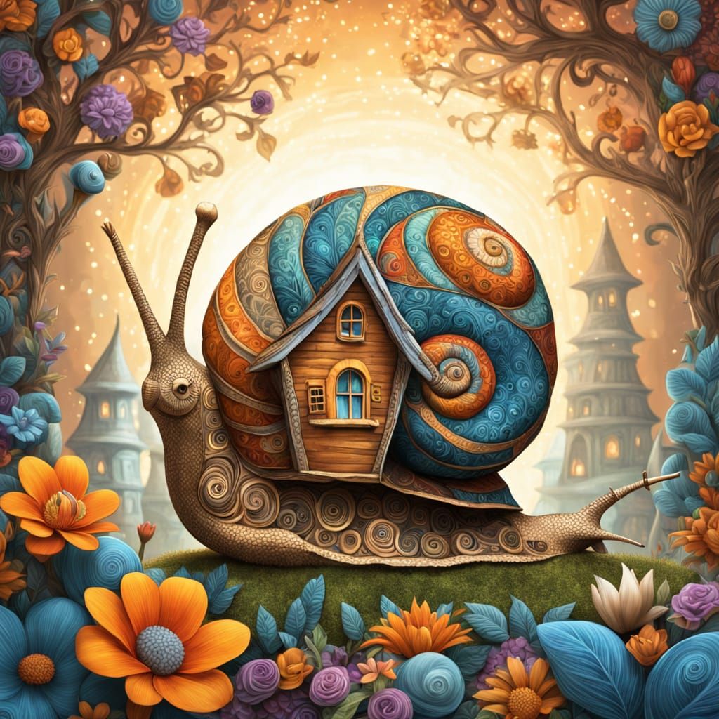 Whimsical Snail's Dreamy Shell Abode in Vibrant Fantasy Styl...
