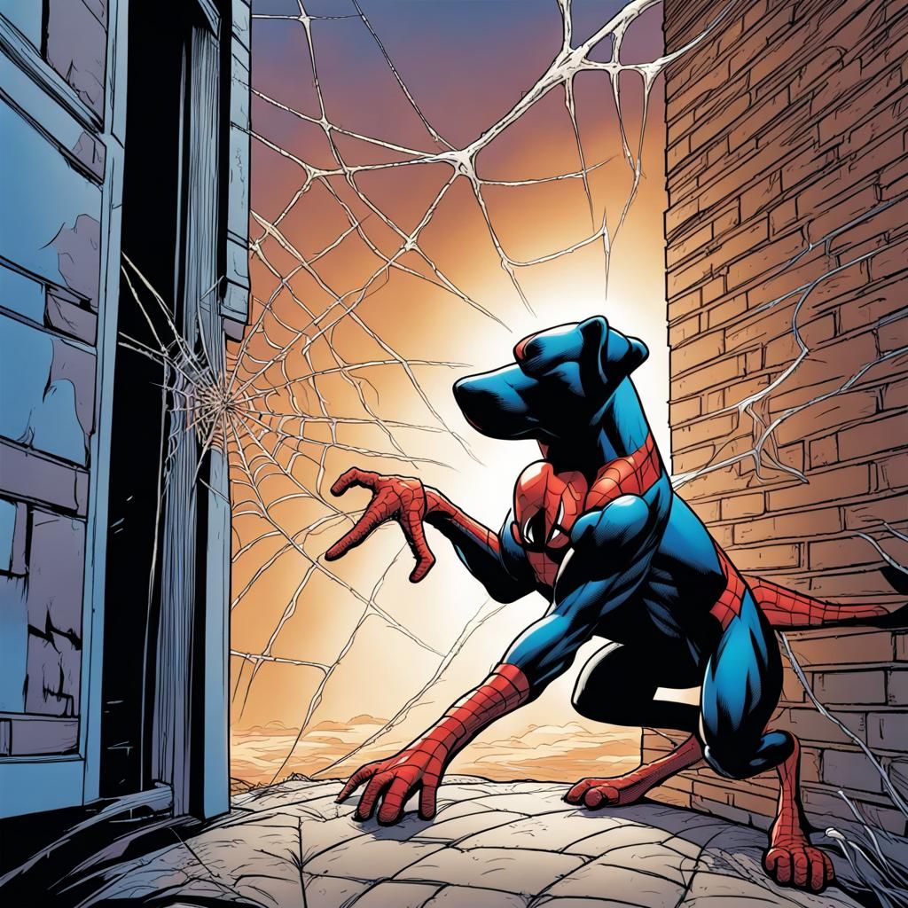 Dog-Spider-Man Bursts Through Wall: Comic Book Art