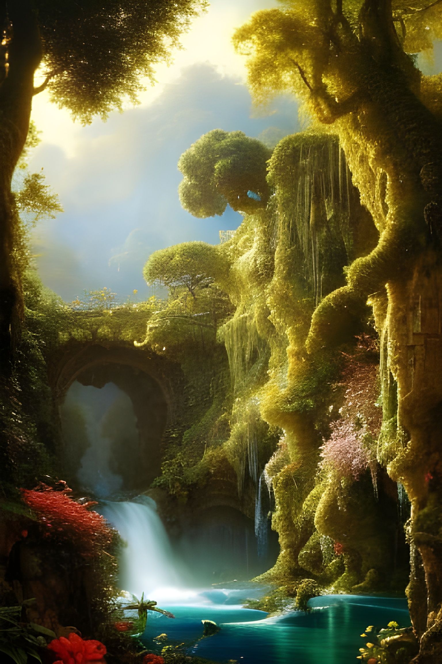 Medieval Castle Village in Jungle Waterfall Landscape