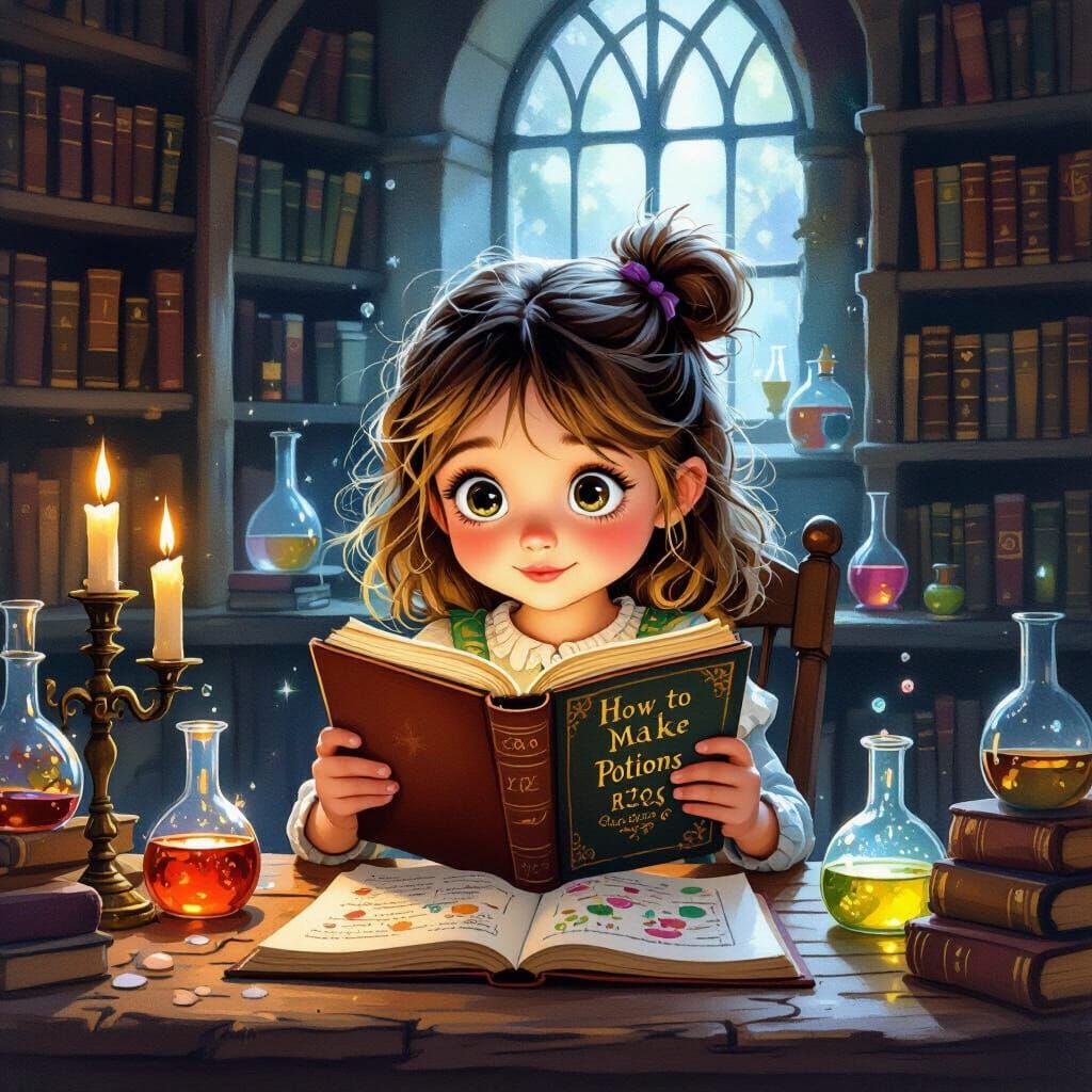 Whimsical Girl Reads Potion Book in Enchanting Library