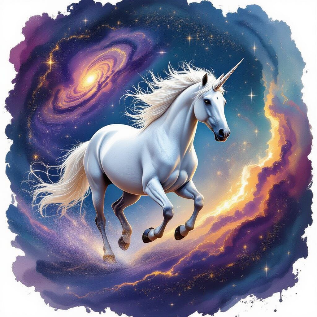 Cosmic Horse Galloping Through Nebula in Watercolor Style
