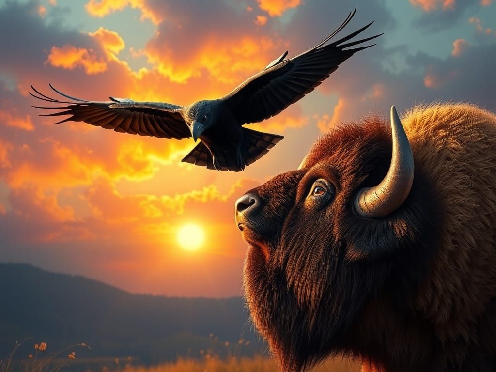 Hyperrealistic Raven and Bison in Majestic Harmony