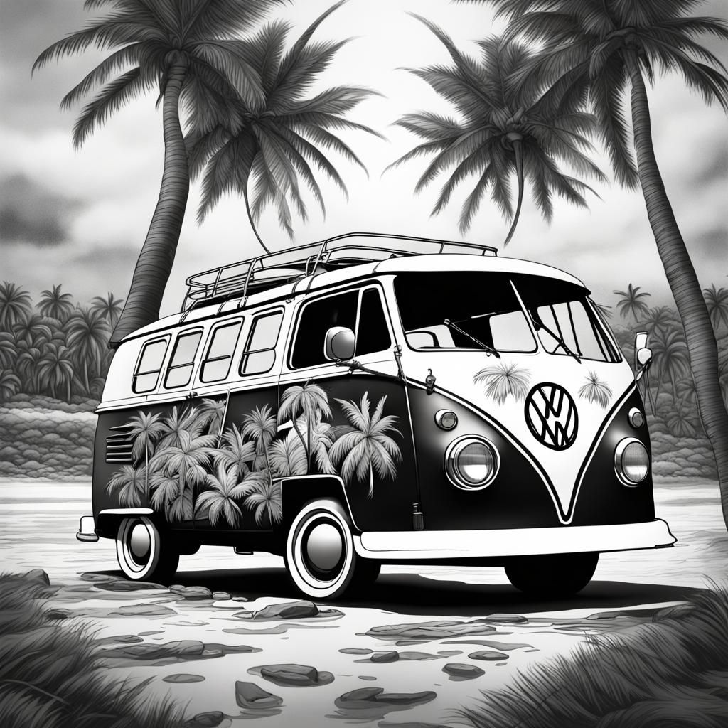 1968 VW Van Coloring Page in 80s Surf Style