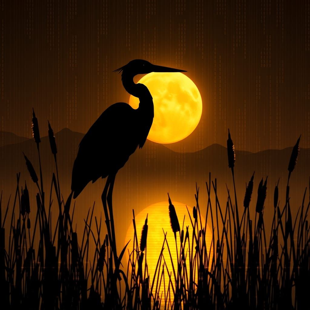 Heron Silhouette Under Full Moon with Glitch Art