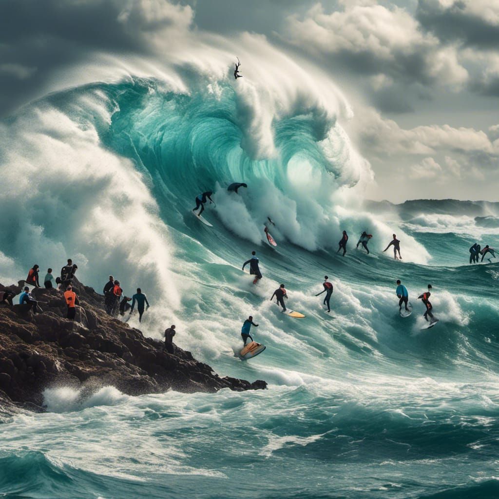 Surfers in a Violent Wave, Hyperreal Digital Art