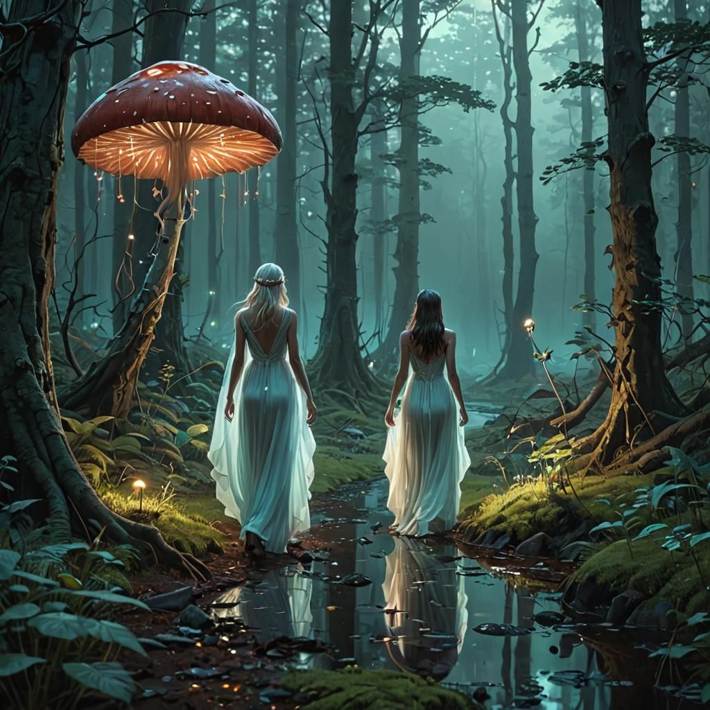 Enchanted Forest: Fairy and Druid in Bioluminescent Light