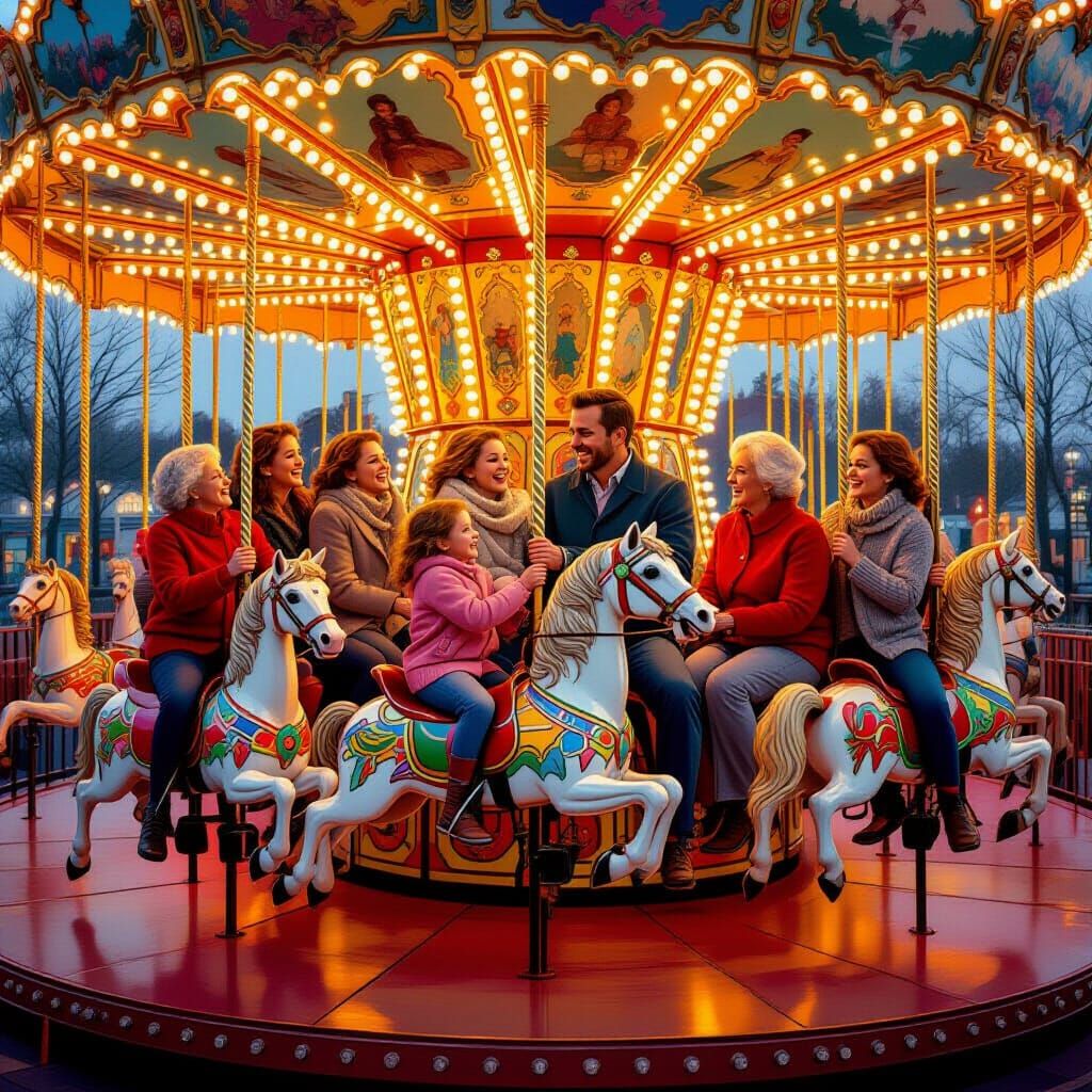 Happy Family Enjoys Vintage Carousel Ride at Twilight