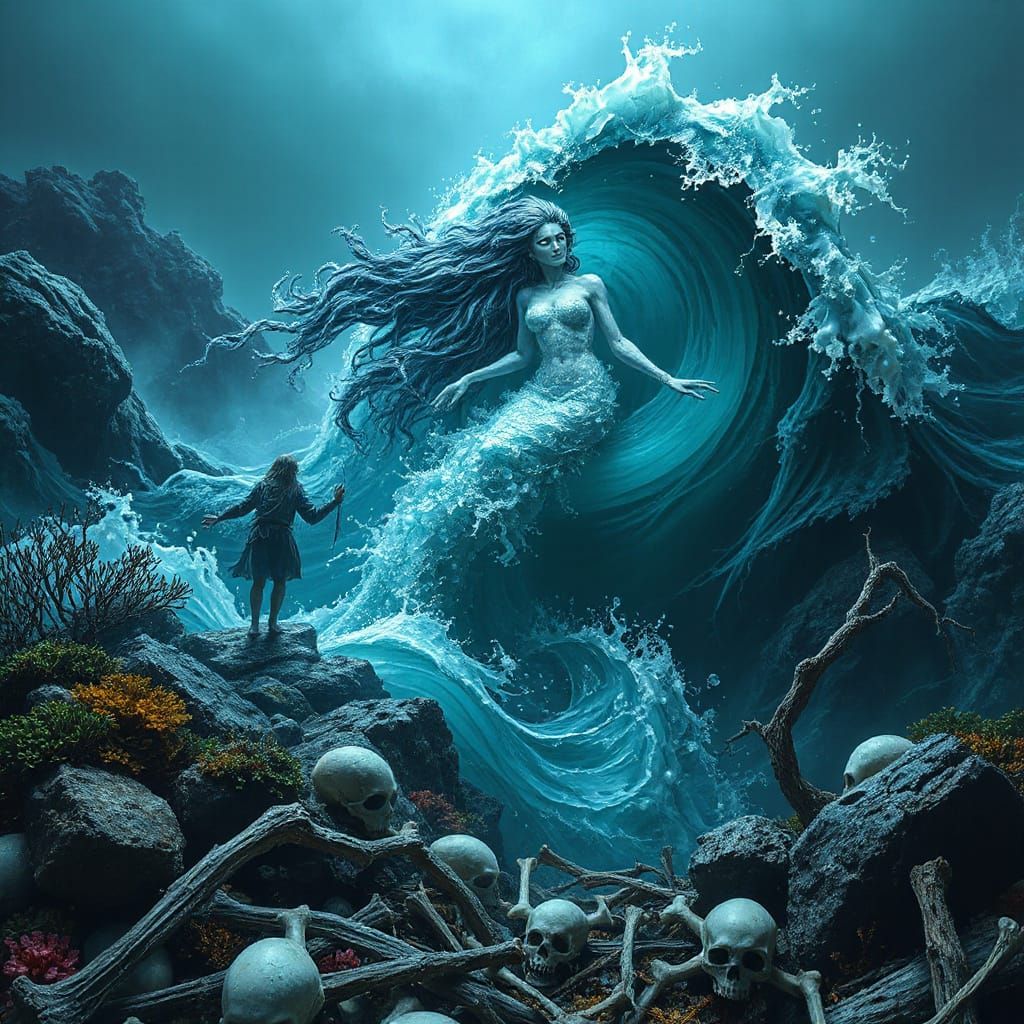 Ethereal Wave Siren Beckons Sailors in Dreamlike Scene