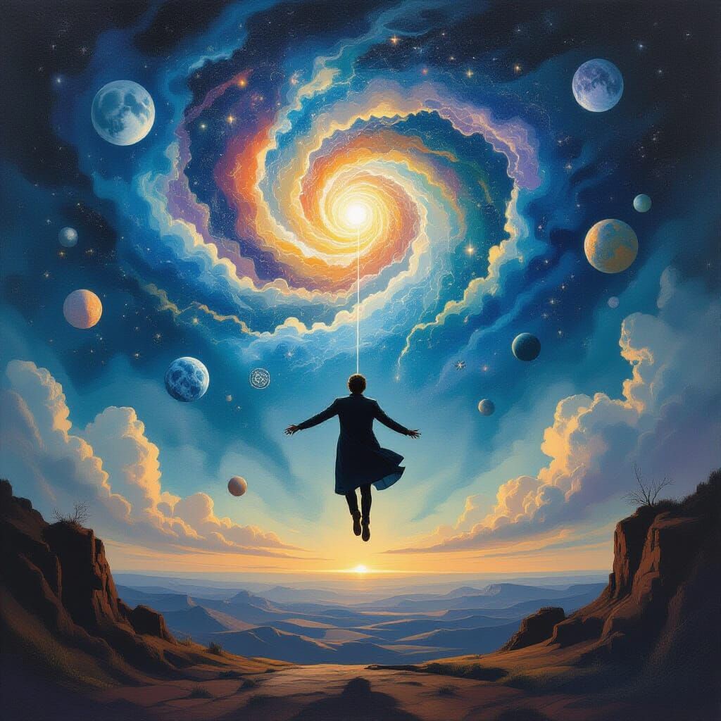 Surreal Oil Painting of Falling Figure in Dreamlike Sky