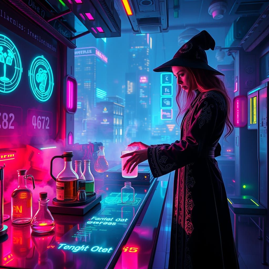 Modern Witch in Cyberpunk Laboratory