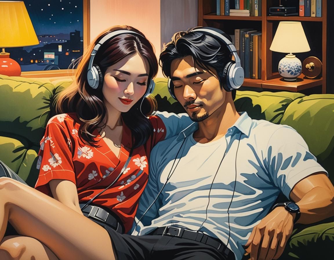 Cozy Evening: Woman and Boyfriend Listening to Music